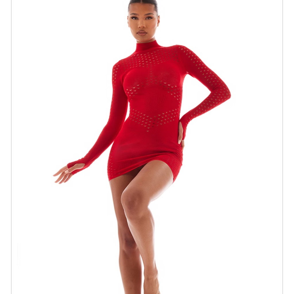 Pretty Little Thing Red Heart Cut Out Sheer Knit Contrast Panel Dress